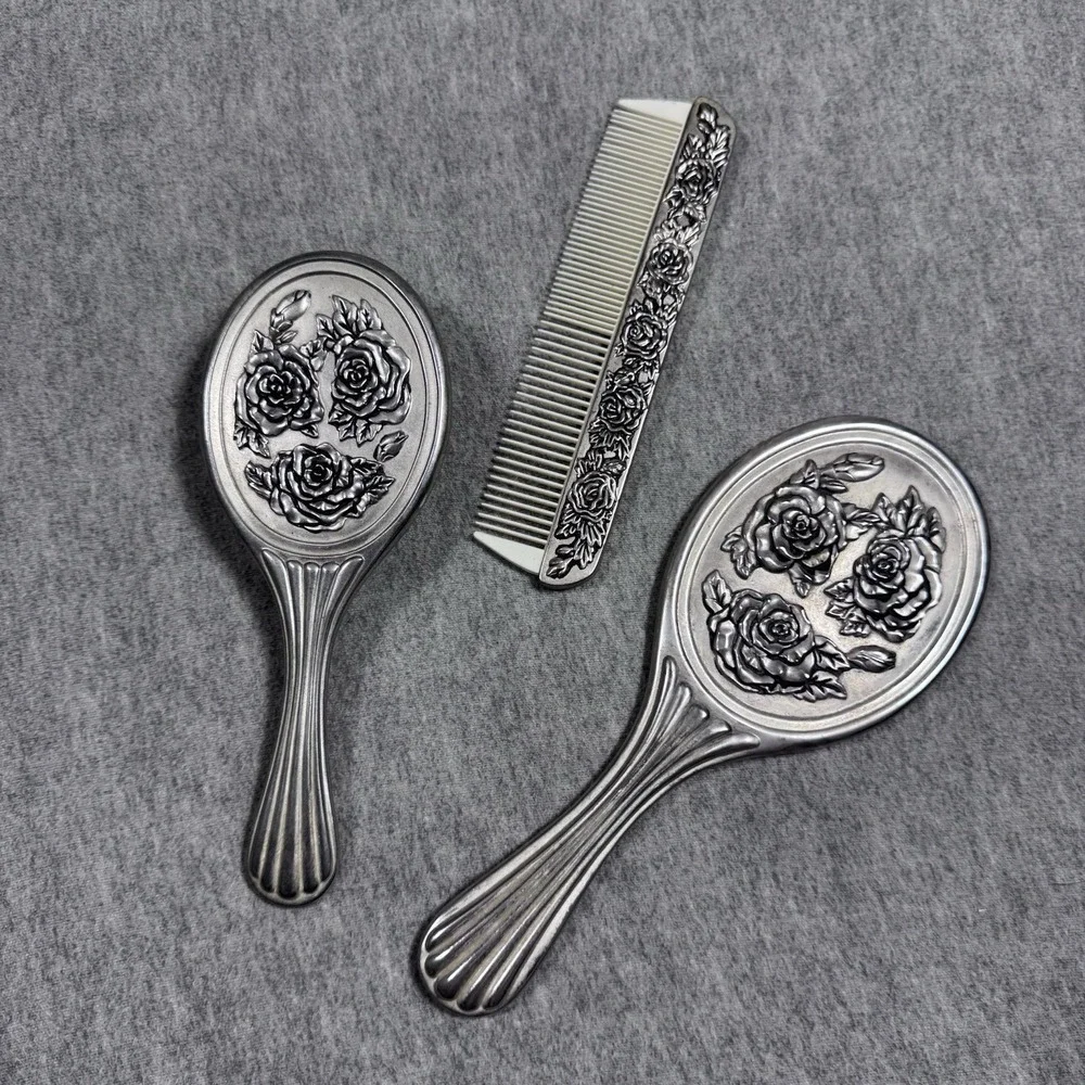 VTG 3 piece Dresser Vanity Set Silver Plated Mirror, Brush and Comb (heavy)